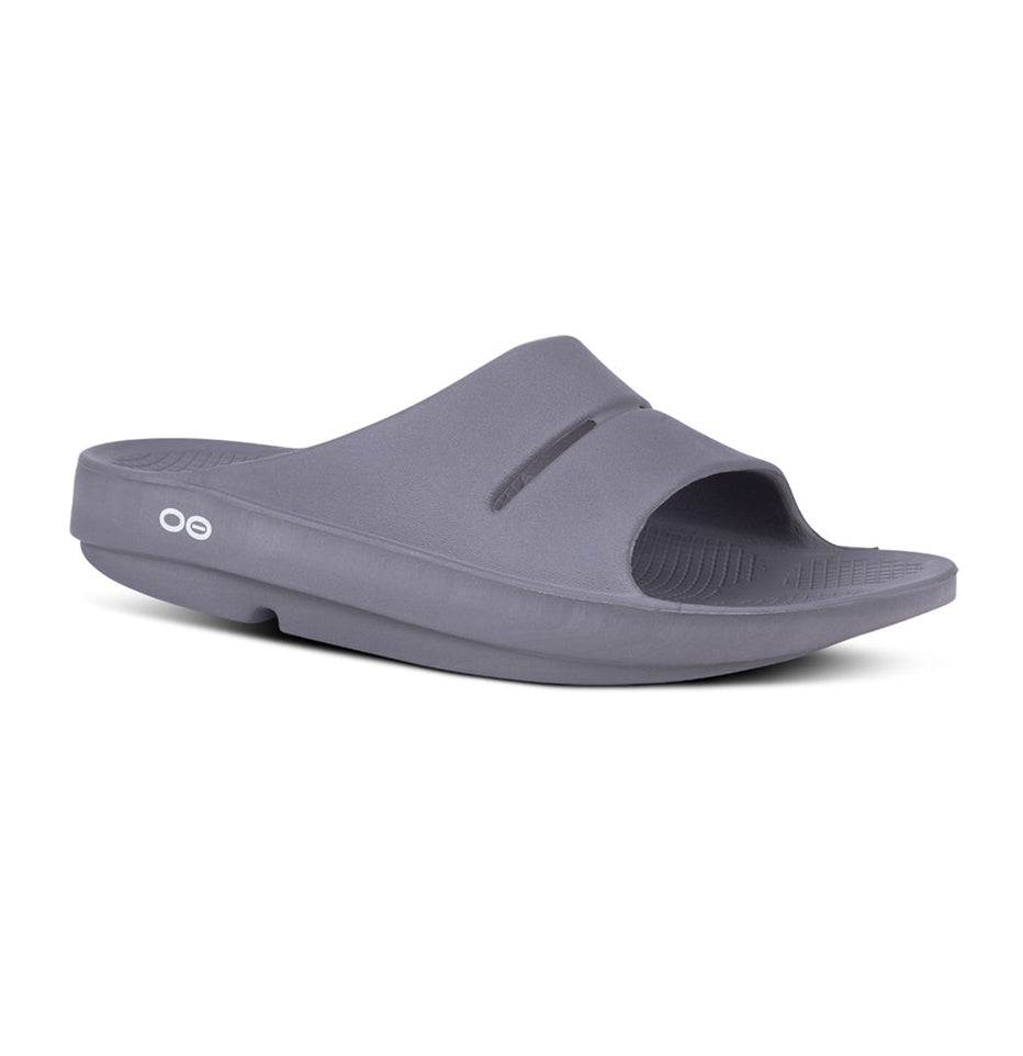 Oofos Ooahh Slide Sandal - Slate 1100SLATE slipperM4W6Edge on Street